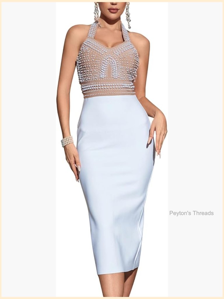 Elegant Halter Bodycon Bandage Dress, Midi Formal Evening Gown For Wedding